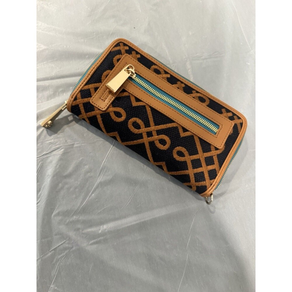 Spartina 449 Zip Around Wallet Linen Leather Brown Blue Pattern Read - Picture 7 of 7
